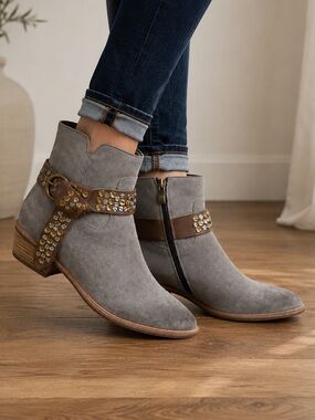 Antelope Gray Suede Western Ankle Boots Studded Harness EU 37 US 6-6.5